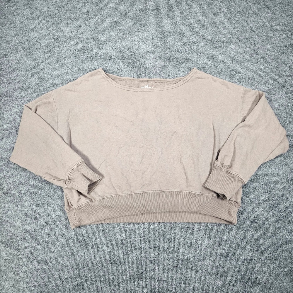 Hollister Co Women Small Crop Sweatshirt Tan Brown Scoop Off Shoulder Fleece